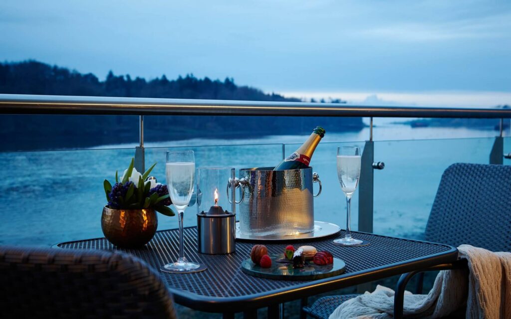 champagne bottle at the Ice house looking over the river Moy