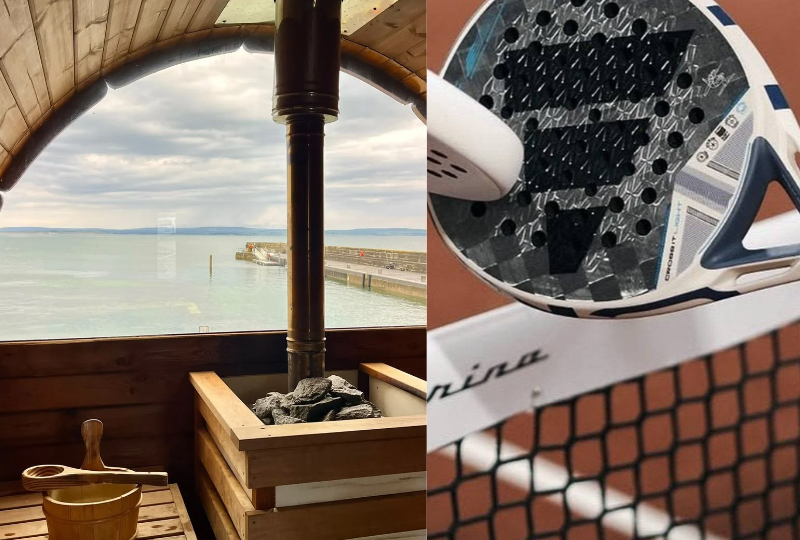 Cosy sauna with sea view and adjacent tennis court. Relax and enjoy luxury amenities at our coastal hotel retreat.